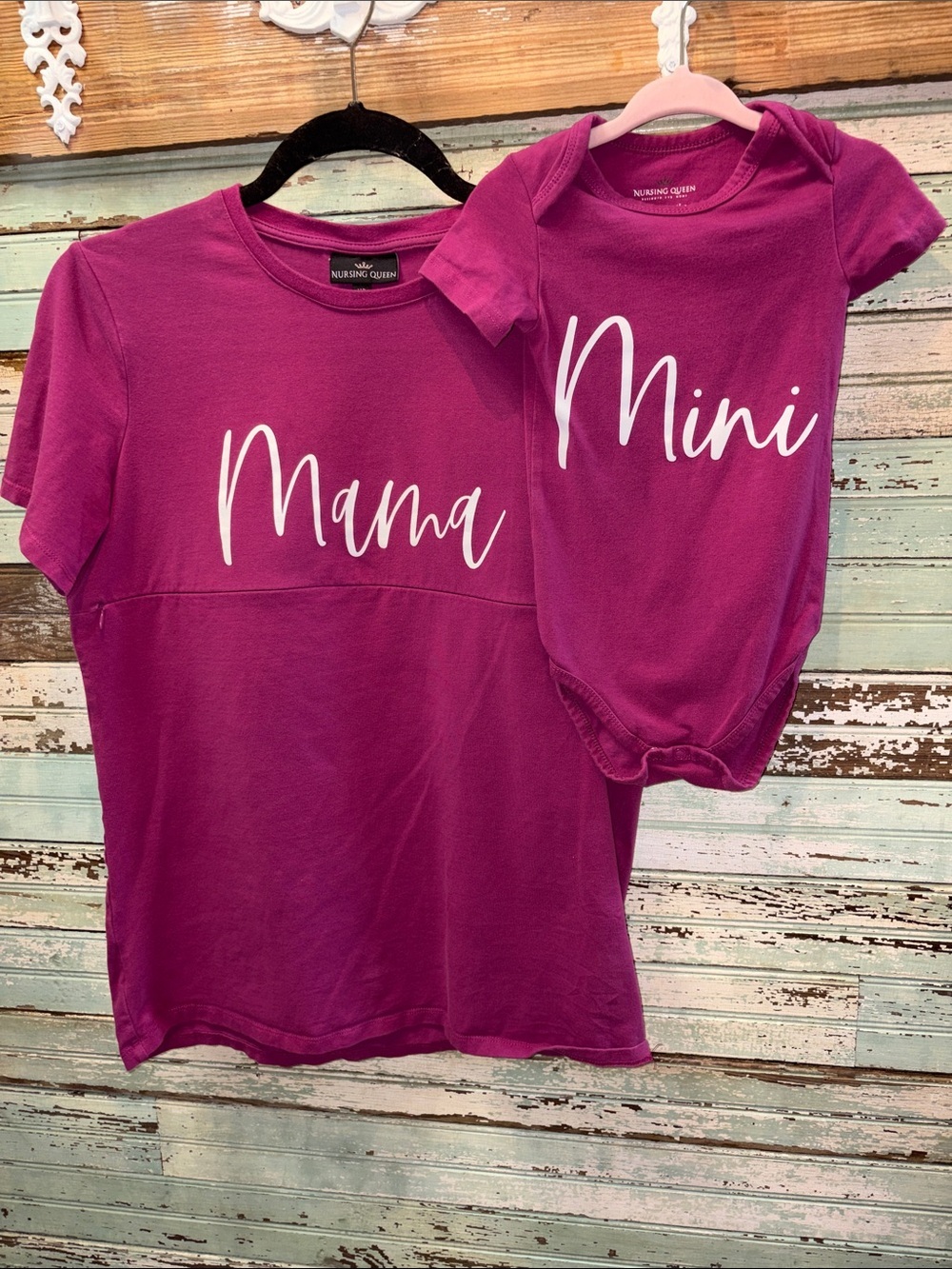 Nursing Queen Mama extra Small Tee & 9-12mos Mini Onesie - Raspberry